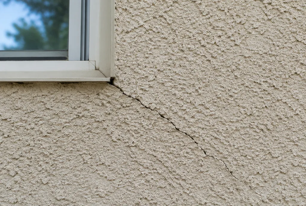Diagonal crack running from the corner of a window frame in a beige stucco wall