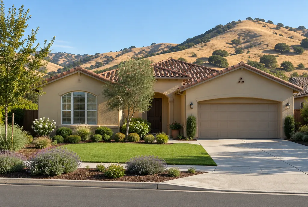 Single-story stucco home with a tile roof and golden hills behind